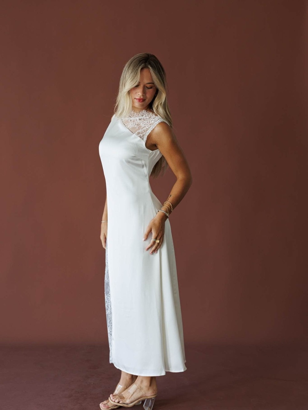 Sleeveless Lace-Back Maxi Dress in White